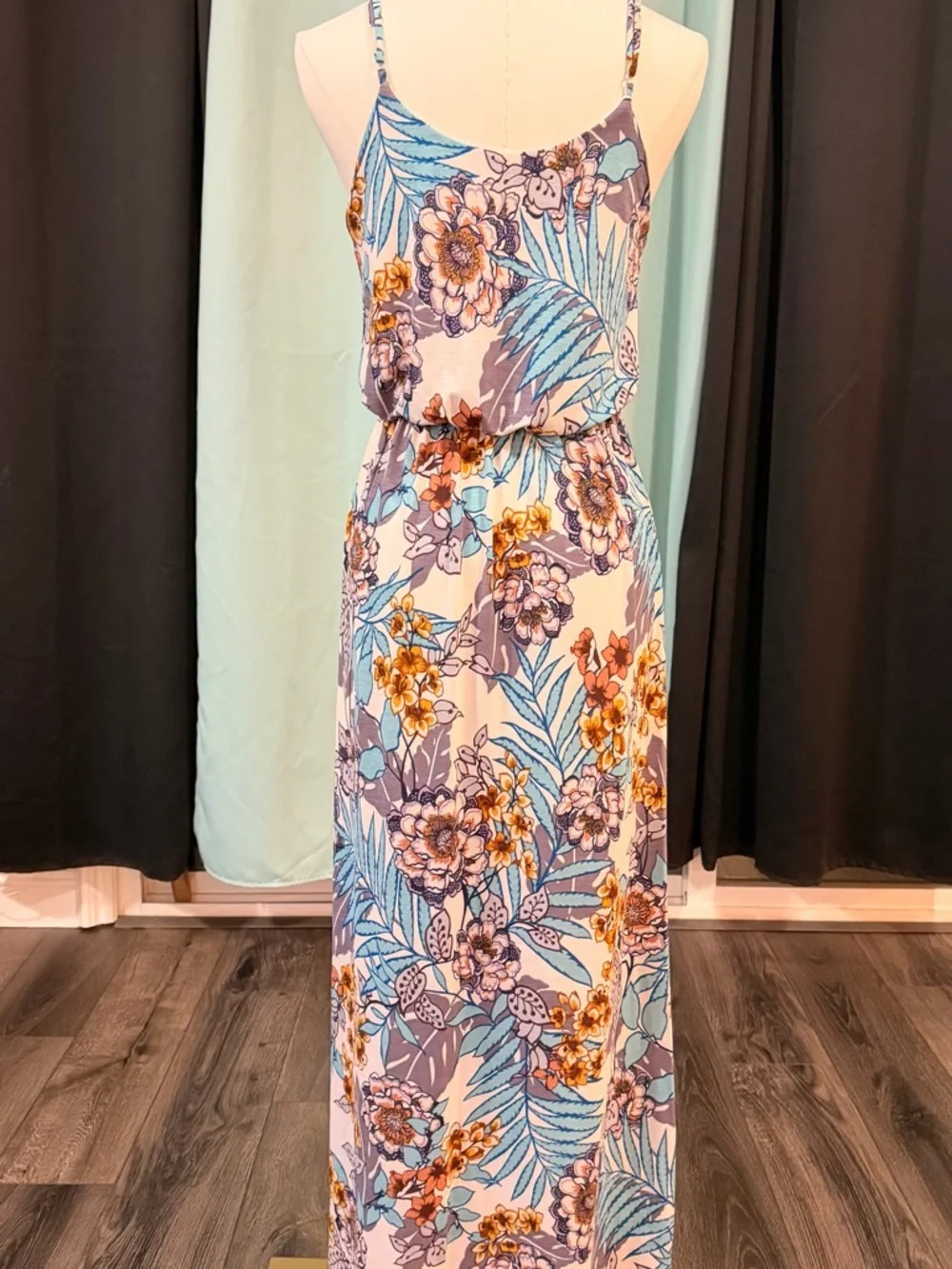NAÏF Tropical Floral Maxi Dress Blue Tan White Small Summer Boho Vacation - Picture 3 of 15